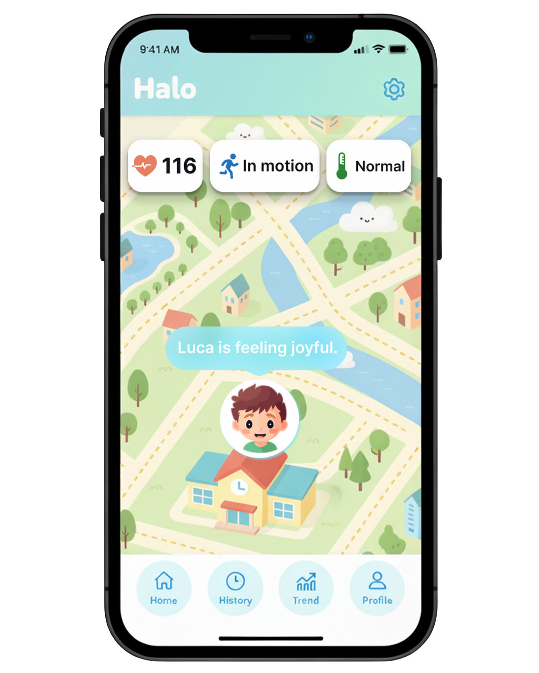 Halo app showing location tracking, mood status, and health metrics for Luca