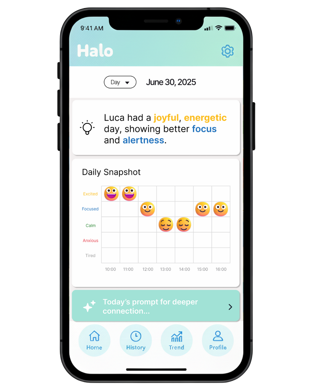 Halo app showing daily mood tracking with emotional insights and timeline